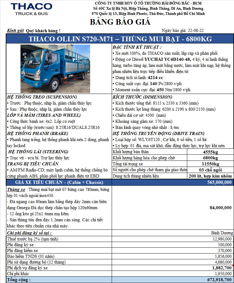 Báo giá xe tải Thaco Ollin S720 mui bạt