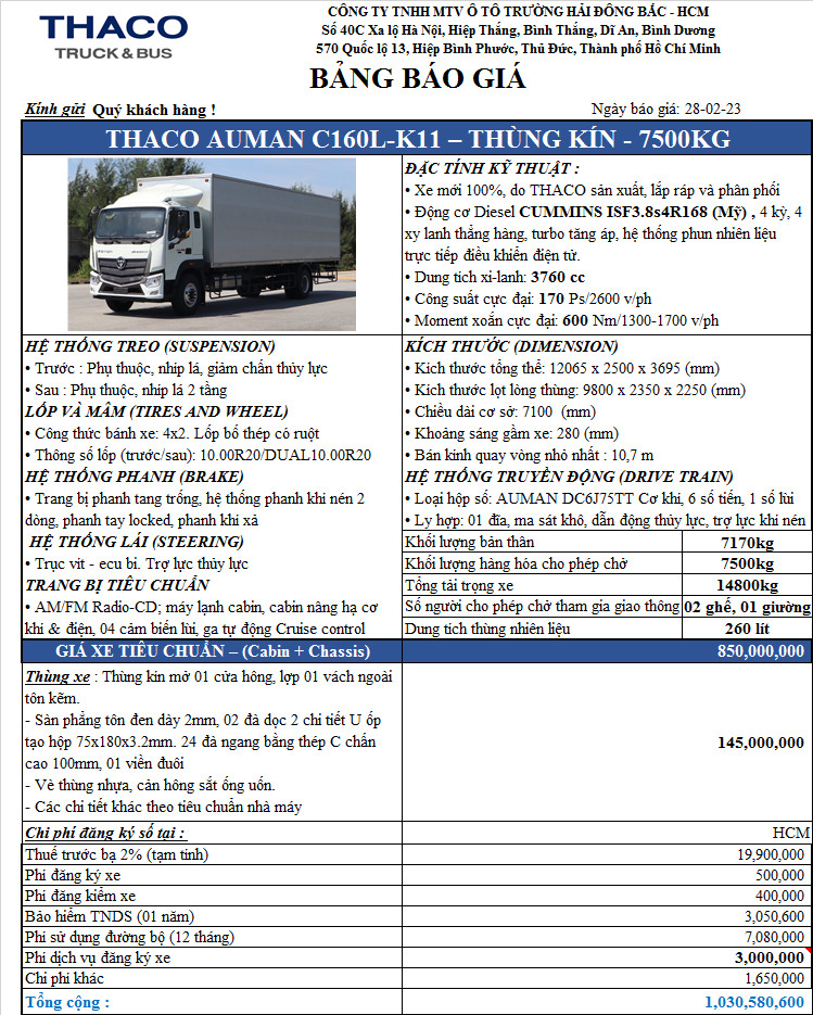 Bảng tính giá lăn bánh xe Thaco Auman C160L thùng kín tại TPHCM
