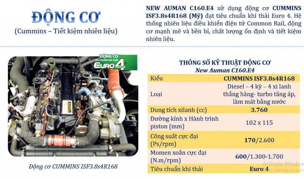 Động cơ Cummins trên xe Thaco Auman C160