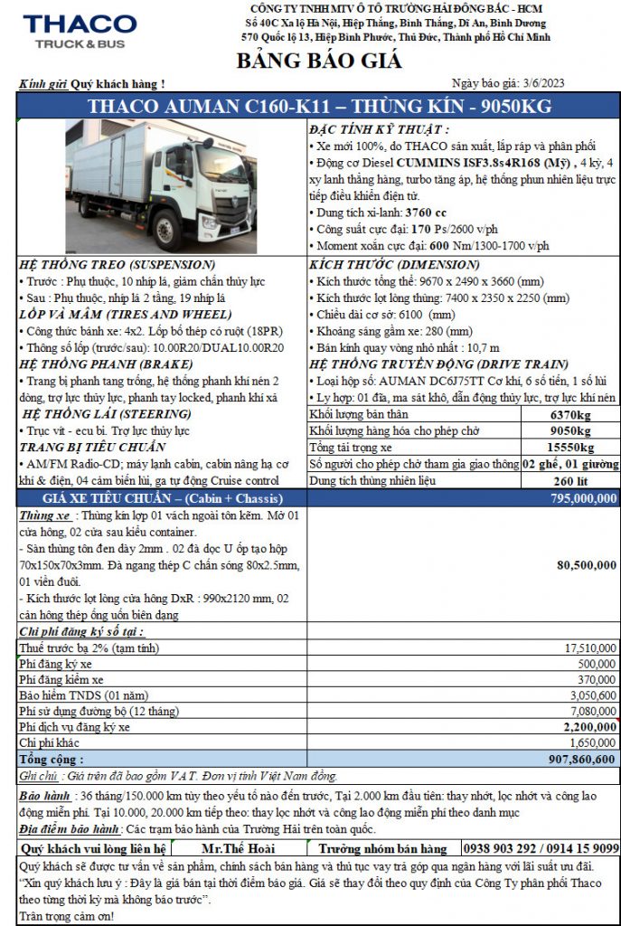 Bảng giá chi tiết xe tải Thaco Auman C160 thùng kín